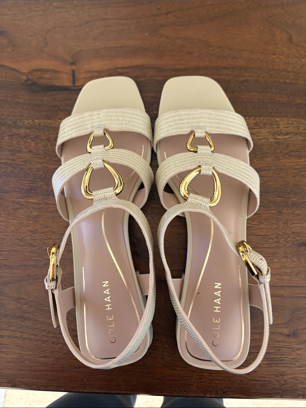 Cole Haan Cream Strappy Sandals with Gold Accents